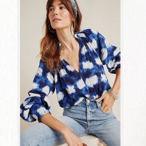 BOGO! Anthropologie Porridge Cotton Gauze Smocked Blouse Indigo Blue XS